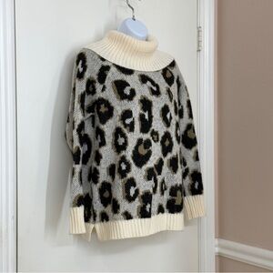 SO Women's Oversized Knit Gray Sweater Turtle Neck, Beige Leopard Print, Size S
